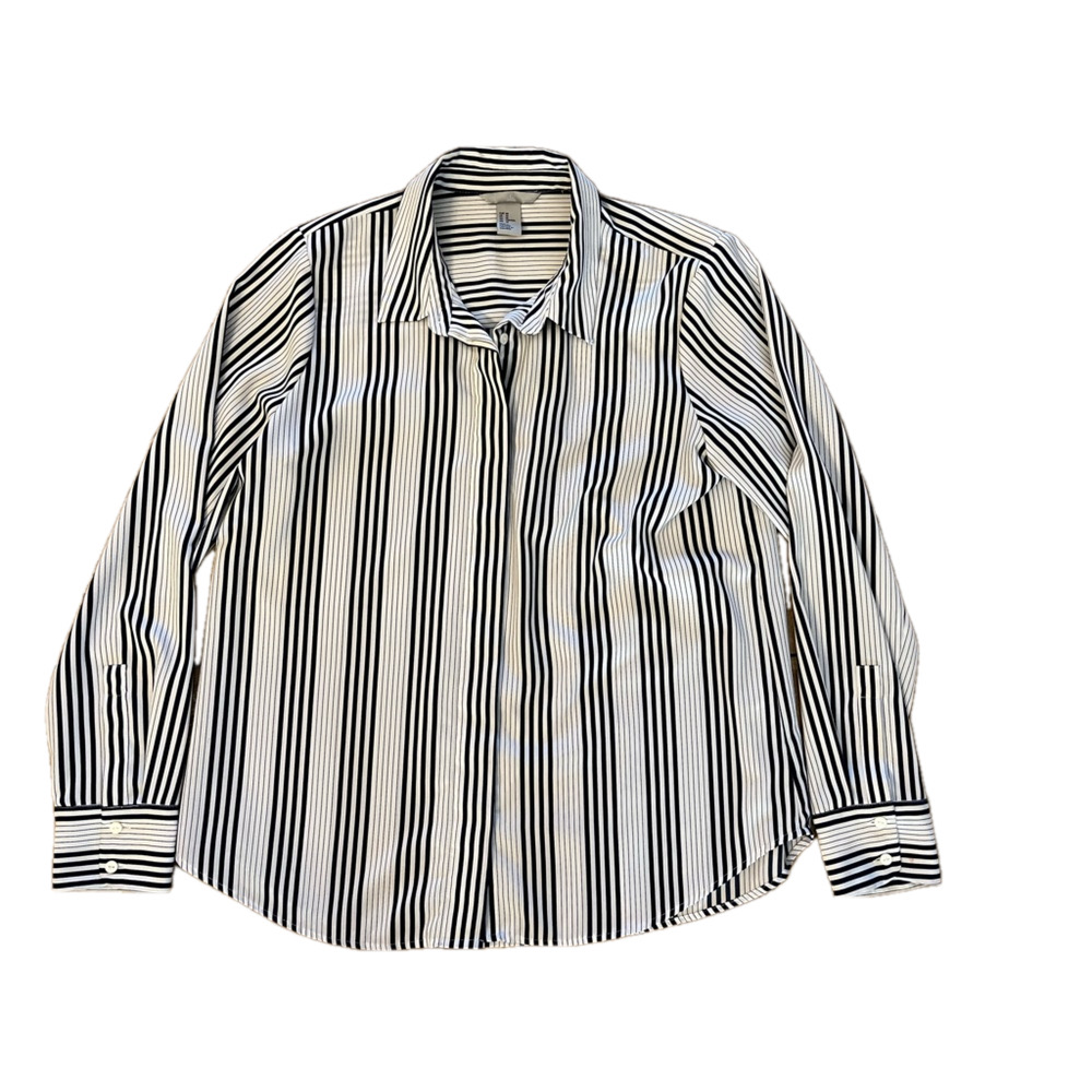 H&M ladies Size 10 navy blue & White STRIPED SHIRT button down poplin shirt